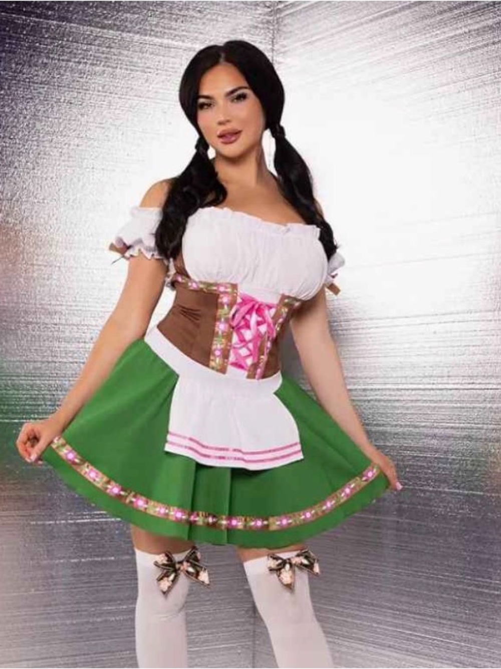 Women's Oktoberfest Dirndl Costume with White Blouse, Apron and pink lace up
